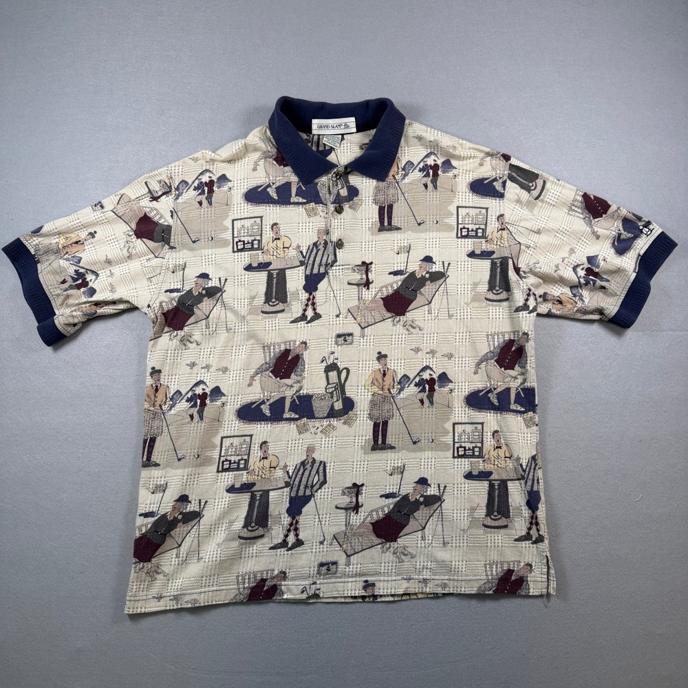 Grand Slam Polo Shirt Mens Large Beige Golf AOP Novelty Cotton Vintage